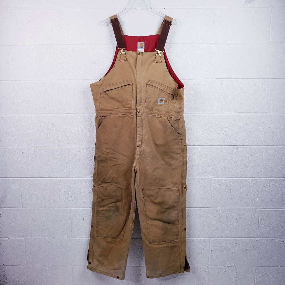 Vtg USA Carhartt R04 BRN Duck Quilted Lined Zip‎ to Hip Bib Overalls 44 X 30